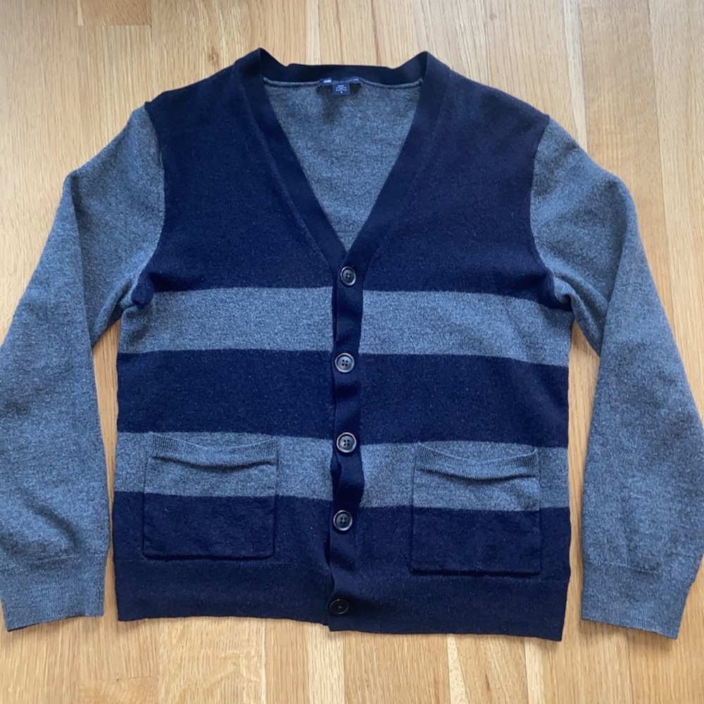 GAP 100% Merino Wool Striped Blue & Gray Grandpa Cardigan Sweater Shrunken